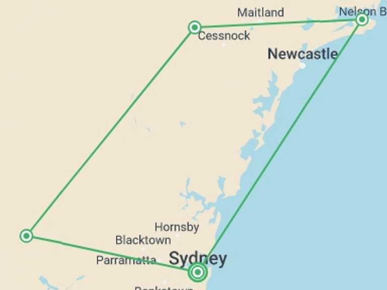 Map of Oceania Walking Tour with 5 destination visits for the trip: Sydney Vines, Coast & City