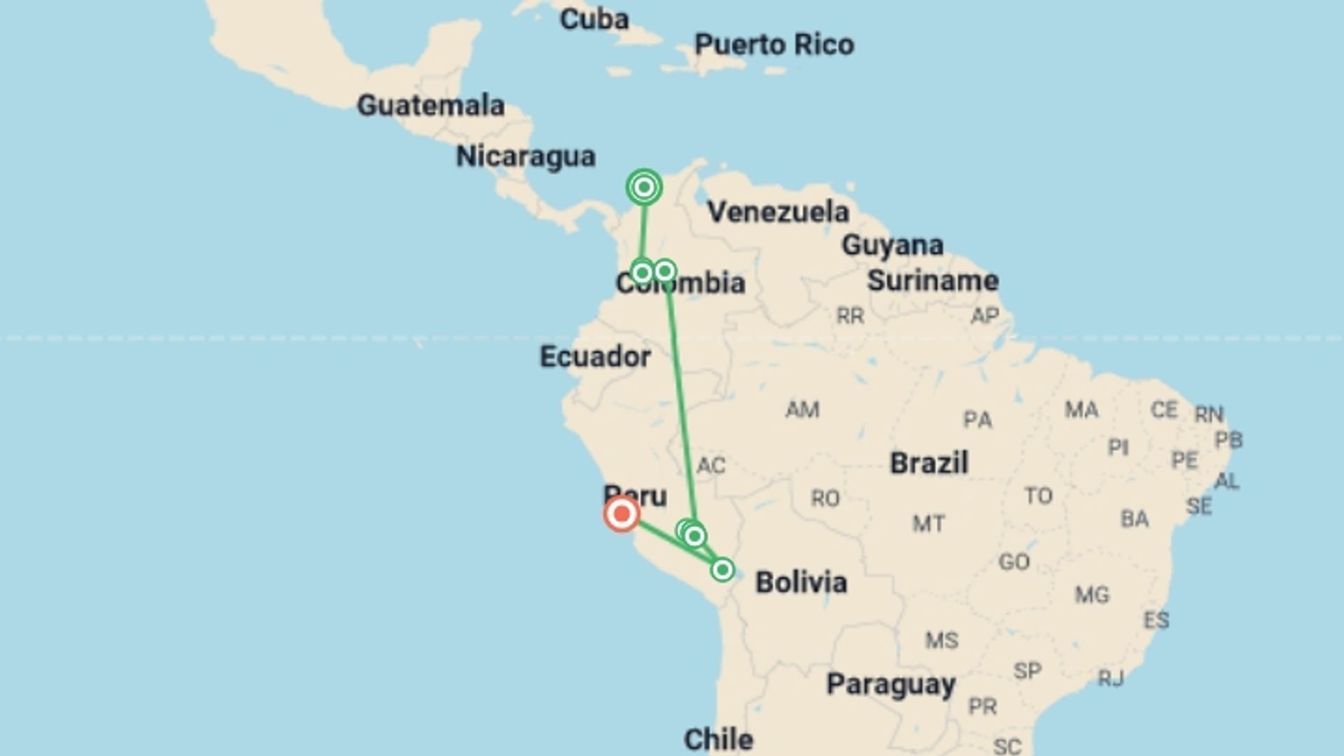 A map showing the tour itinerary for the trip: Best of Colombia and Peru, starting in Cartagena, Colombia and ending in Lima, Peru going through 6 other destinations.