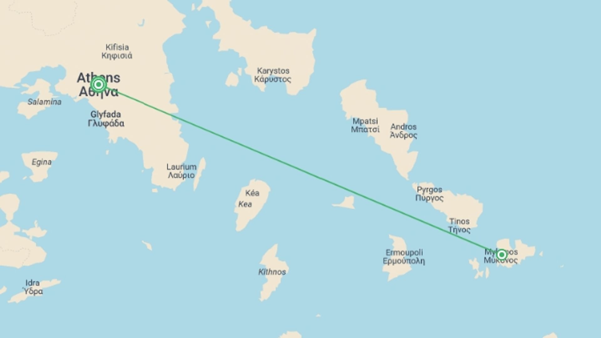 A map showing the tour itinerary for the trip: Mykonos Explorer Tour, starting in Athens, Greece and ending in Athens, Greece going through 1 other destinations.