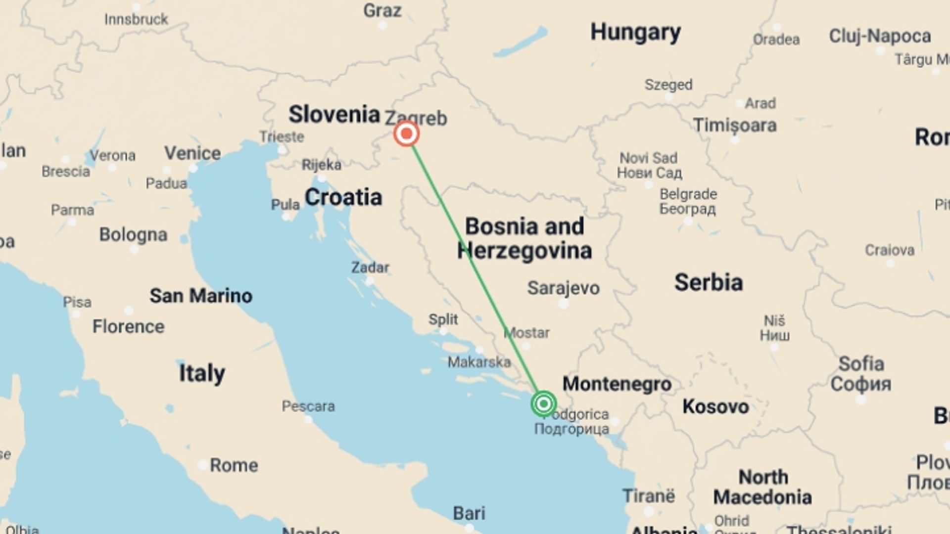 A map showing the tour itinerary for the trip: Dubrovnik And Zagreb, Private Tour, starting in Dubrovnik, Croatia and ending in Zagreb, Croatia going through 0 other destinations.
