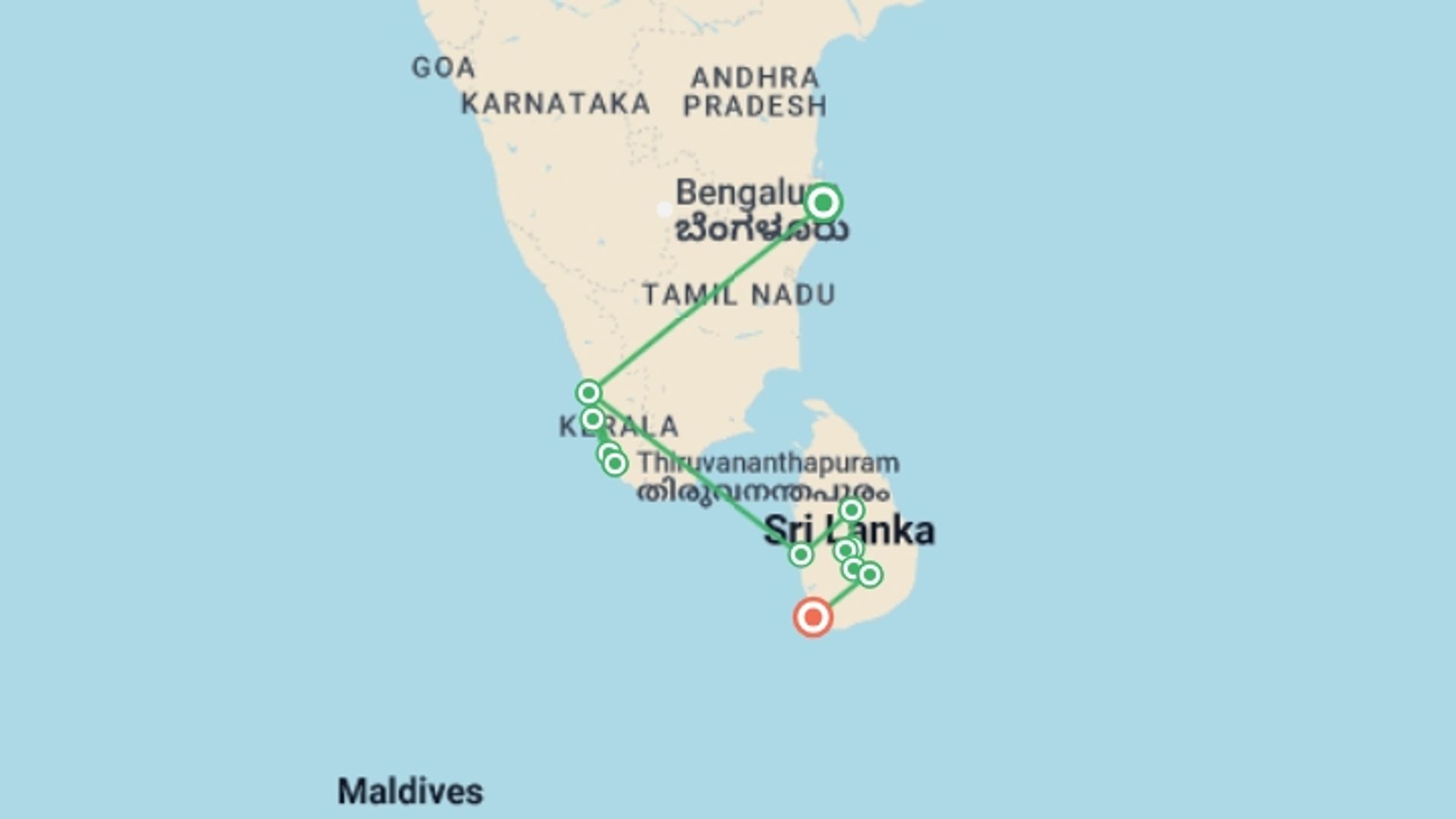 A map showing the tour itinerary for the trip: Discover Kerala & Sri Lanka: Islands & Ruins, starting in Chennai, India and ending in Hikkaduwa, Sri Lanka going through 10 other destinations.