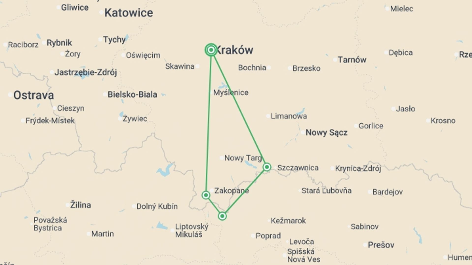 A map showing the tour itinerary for the trip: Hiking in the Polish Carpathians, starting in Krakow, Poland and ending in Krakow, Poland going through 3 other destinations.