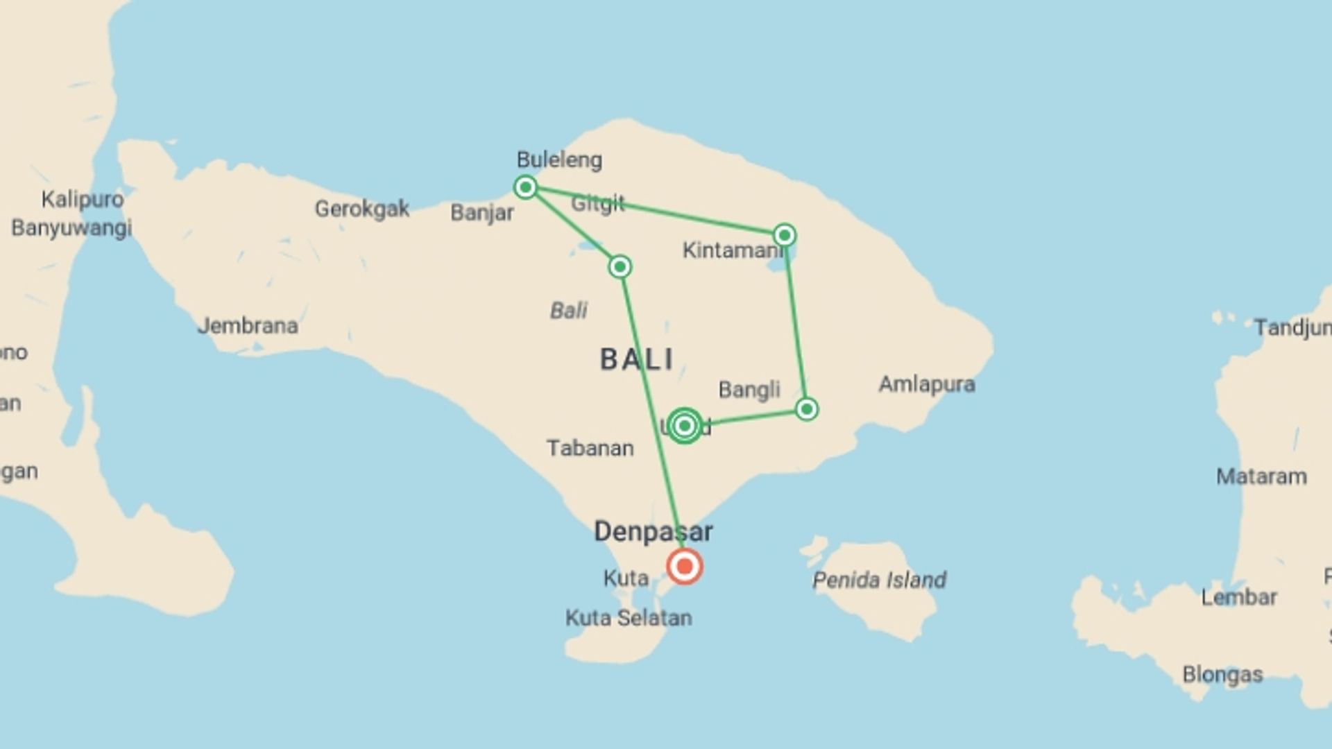 A map showing the tour itinerary for the trip: Beautiful Bali, starting in Ubud, Indonesia and ending in Sanur, Indonesia going through 5 other destinations.
