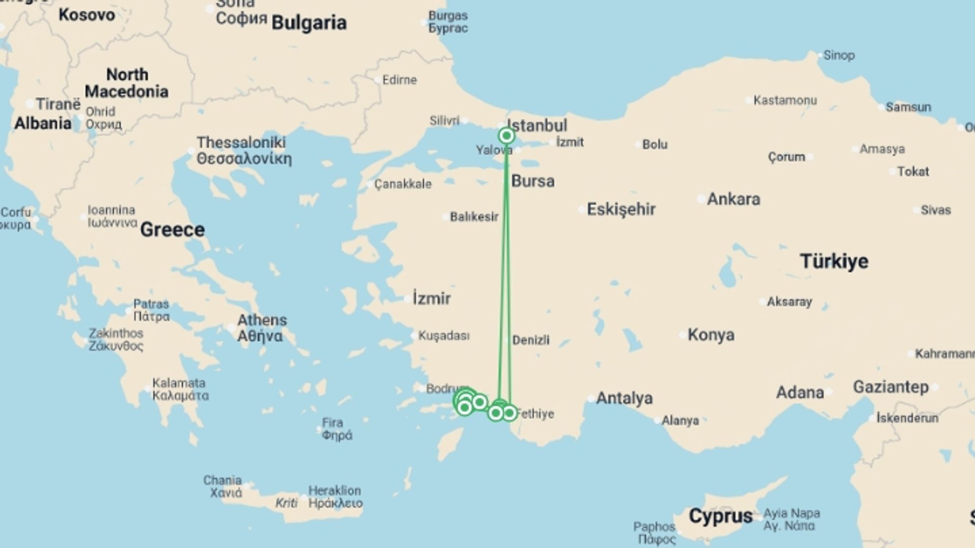 A map showing the tour itinerary for the trip: Cruise the Med - 8 days, starting in Marmaris, Turkey and ending in Marmaris, Turkey going through 5 other destinations.