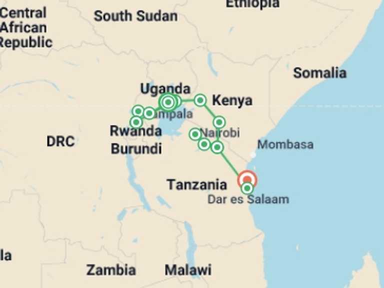Map of Africa Tour with 13 destination visits for the trip: East Africa Overland: Serengeti & Safari Drives
