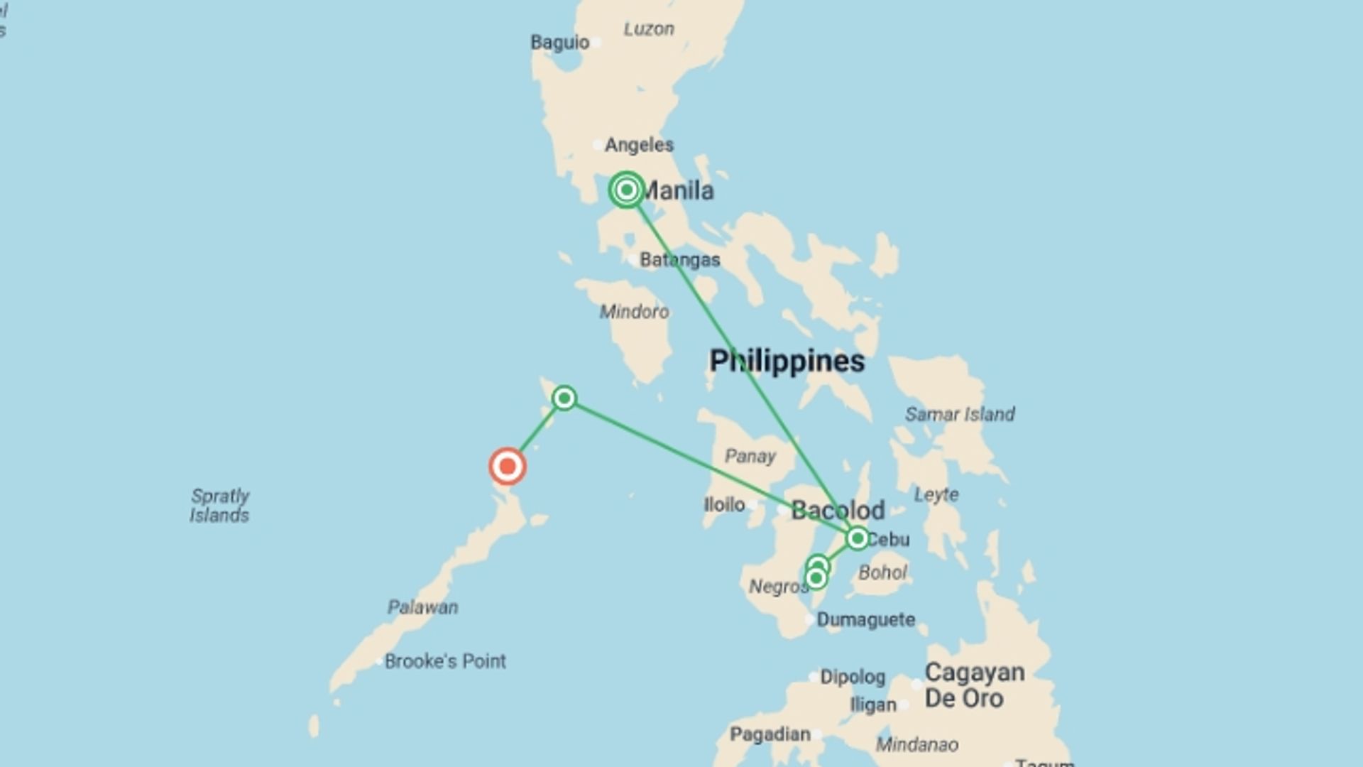 A map showing the tour itinerary for the trip: Philippine Islands Adventure - 13 days, starting in Manila, Philippines and ending in El Nido, Philippines going through 2 other destinations.