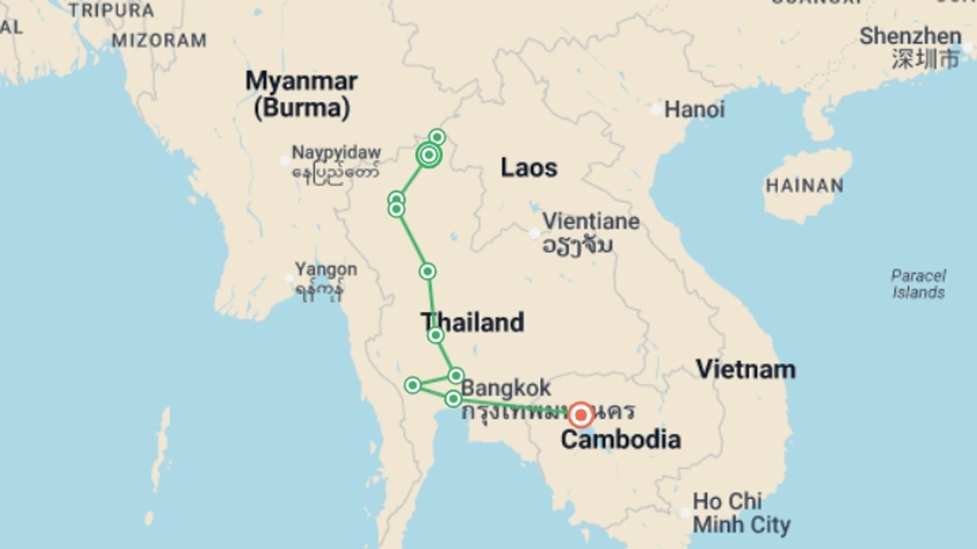 A map showing the tour itinerary for the trip: Thailand Grand Tour & Cambodia Package, Small Group Tour (other Languages), starting in Chiang Rai, Thailand and ending in Siem Reap, Cambodia going through 6 other destinations.