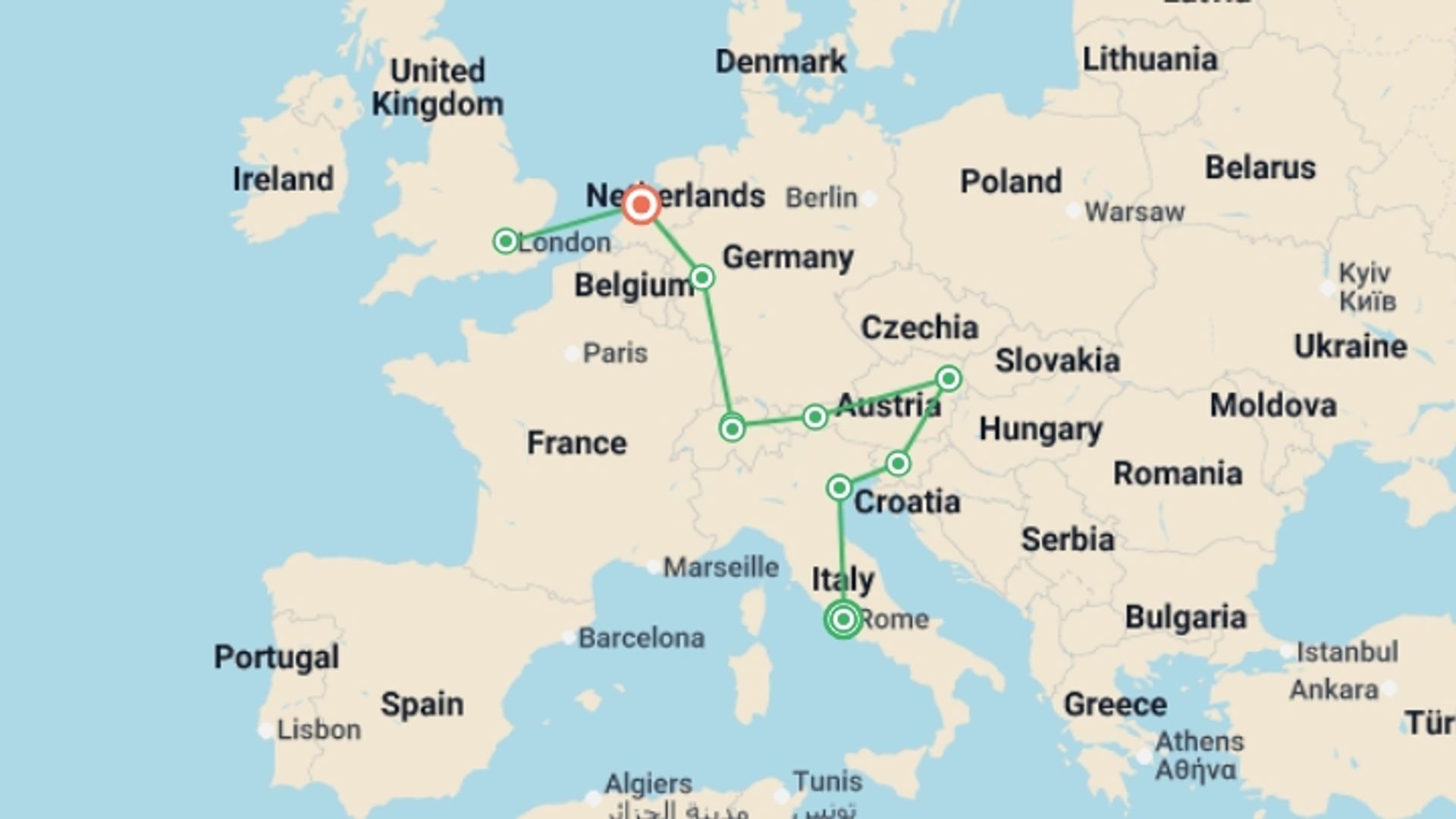 A map showing the tour itinerary for the trip: Splendid Europe, starting in Rome, Italy and ending in Amsterdam, Holland going through 8 other destinations.
