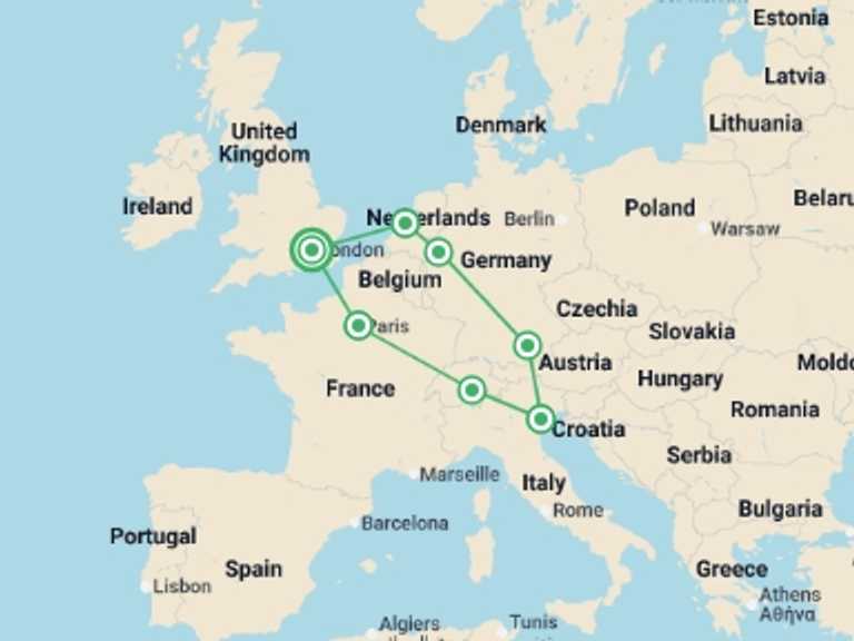 Map itinerary of Amsterdam Tour in September 2027 with 7 destination visits for the trip: European Horizon