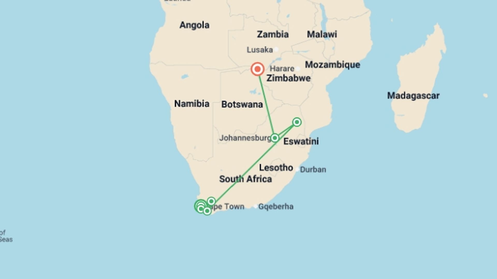 A map showing the tour itinerary for the trip: Essence of South Africa, starting in Cape Town, South Africa and ending in Victoria Falls, Zimbabwe going through 4 other destinations.