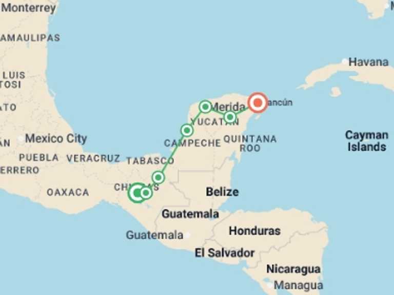 Map itinerary of Mexico Tour in March 2026 with 6 destination visits for the trip: Best Of Chiapas & Yucatan With The Maya Train