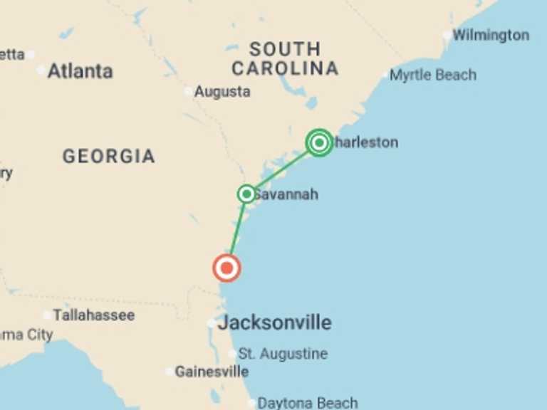 Map itinerary of USA Tour in May 2026 with 3 destination visits for the trip: Charms of Southeast USA