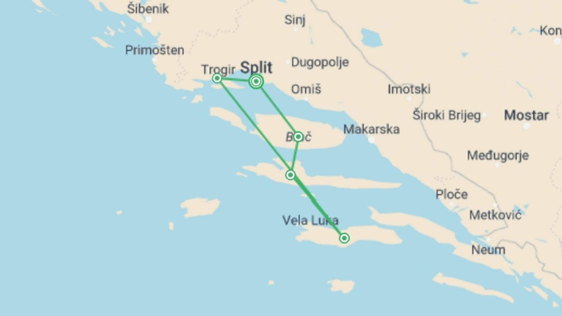 A map showing the tour itinerary for the trip: Croatia Island Hopping, 11 Days, starting in Split, Croatia and ending in Split, Croatia going through 4 other destinations.