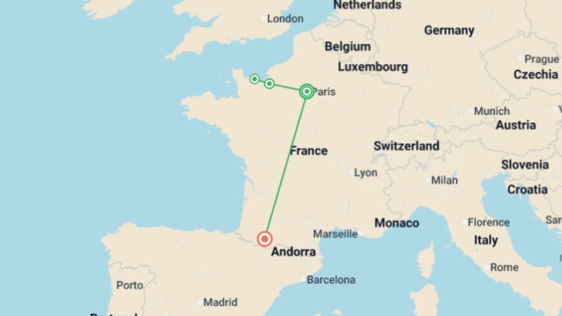 A map showing the tour itinerary for the trip: Shrines of France, starting in Paris, France and ending in Lourdes, France going through 1 other destinations.