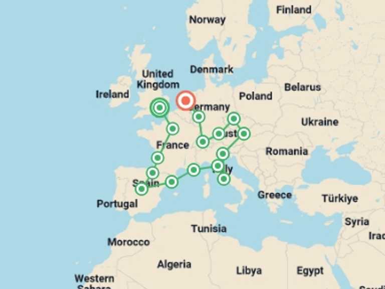 Map of a Cruise Tour with 16 destination visits for the trip: Great European