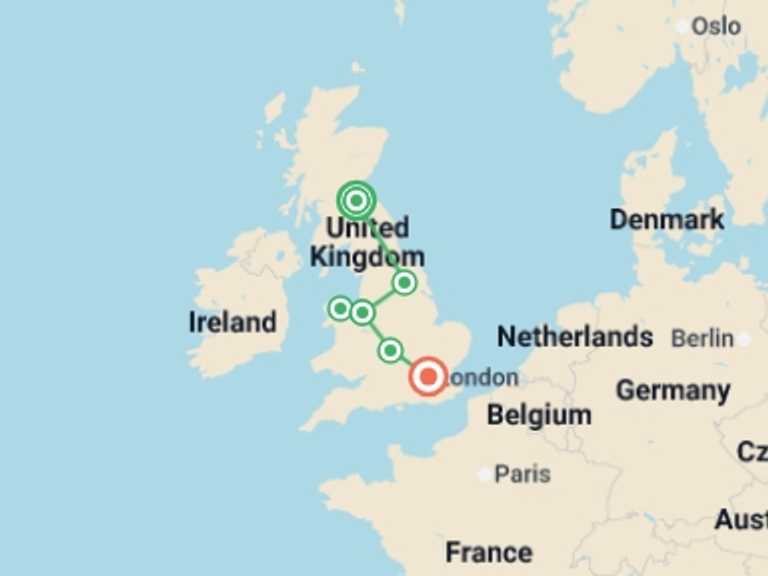 Map of Europe Tour with 5 destination visits for the trip: British Landscapes featuring England, Scotland and Wales