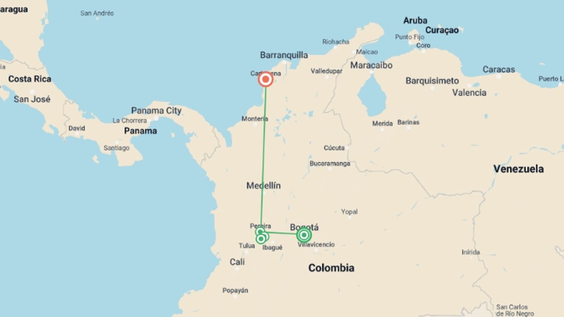 A map showing the tour itinerary for the trip: Best of Colombia and the Coffee Triangle, starting in Bogota, Colombia and ending in Cartagena, Colombia going through 1 other destinations.
