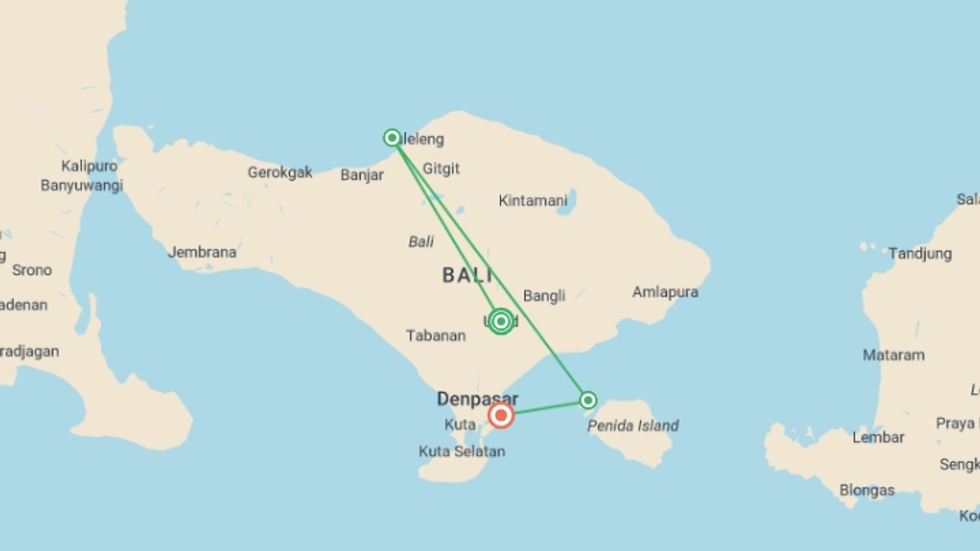 A map showing the tour itinerary for the trip: Solo-ish Bali, starting in Ubud, Indonesia and ending in Sanur, Indonesia going through 2 other destinations.