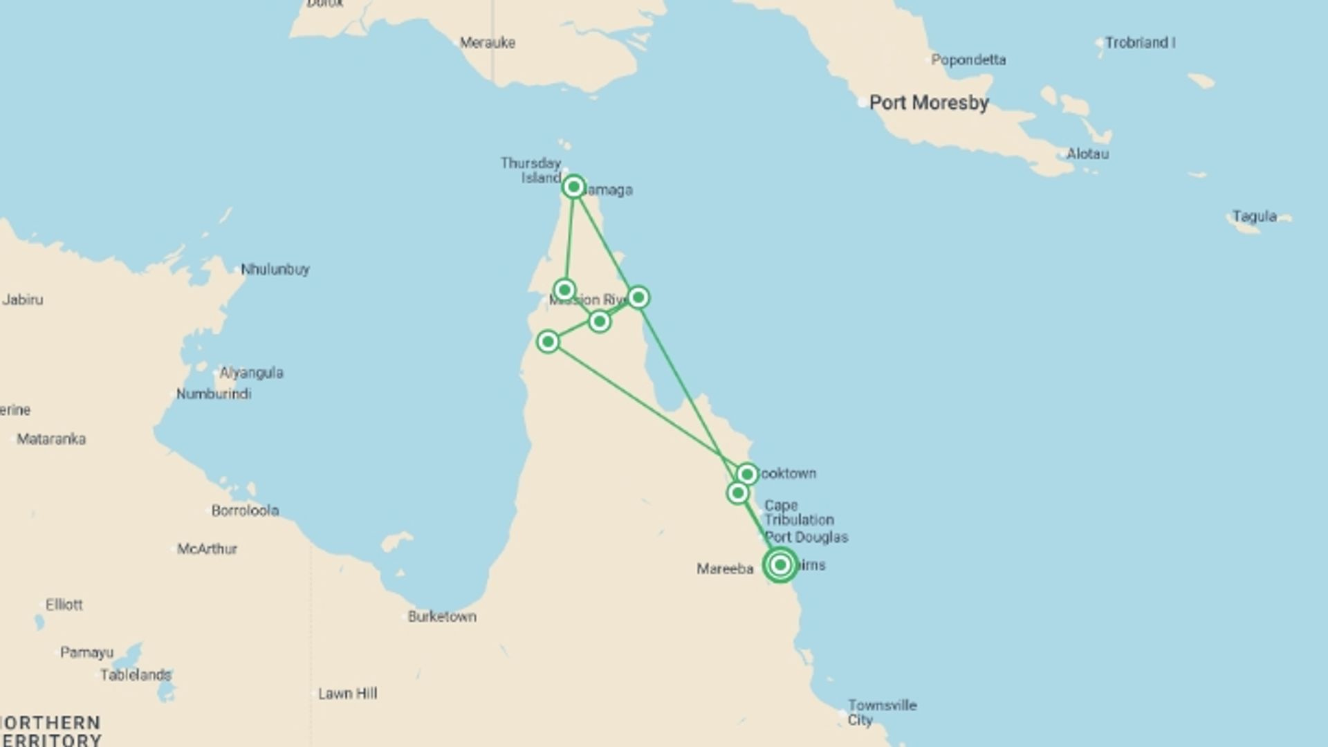 A map showing the tour itinerary for the trip: Cape York & Torres Strait Explorer, starting in Cairns, Australia and ending in Cairns, Australia going through 7 other destinations.