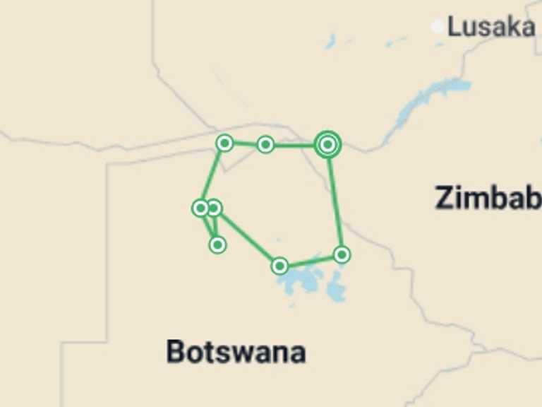 Map itinerary of Africa Tour in October 2026 with 9 destination visits for the trip: Botswana Delta and Wildlife Explorer