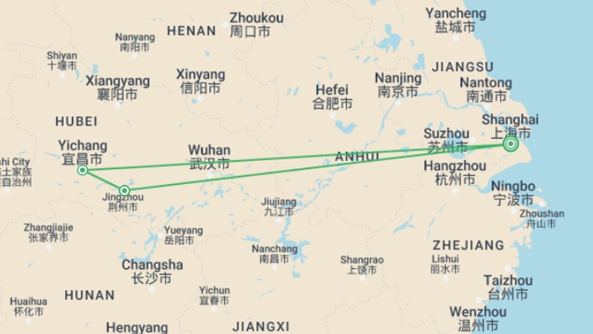 A map showing the tour itinerary for the trip: 5D Yangtze river cruise&Chongqing city tour from Shanghai, starting in Shanghai, China and ending in Shanghai, China going through 2 other destinations.