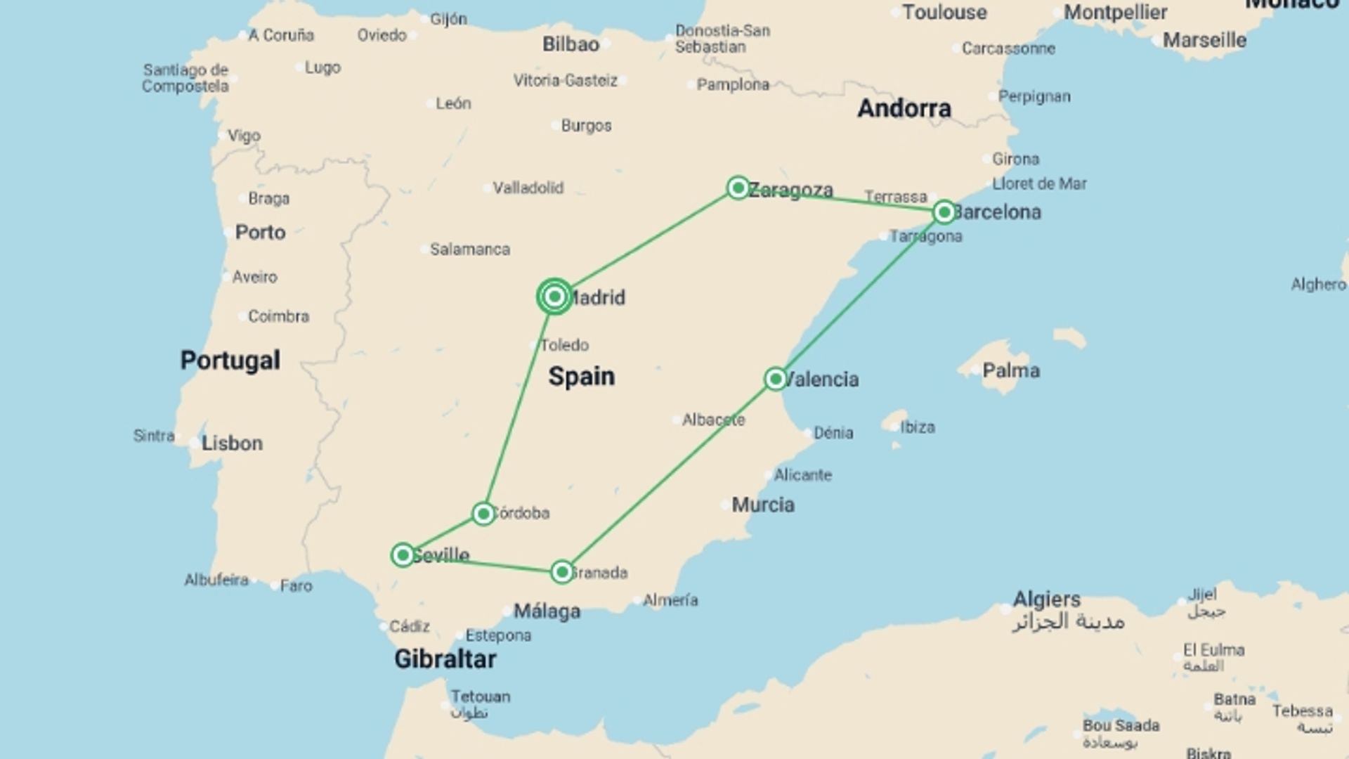 A map showing the tour itinerary for the trip: Madrid to Andalusia & Barcelona - 10 days, starting in Madrid, Spain and ending in Madrid, Spain going through 4 other destinations.
