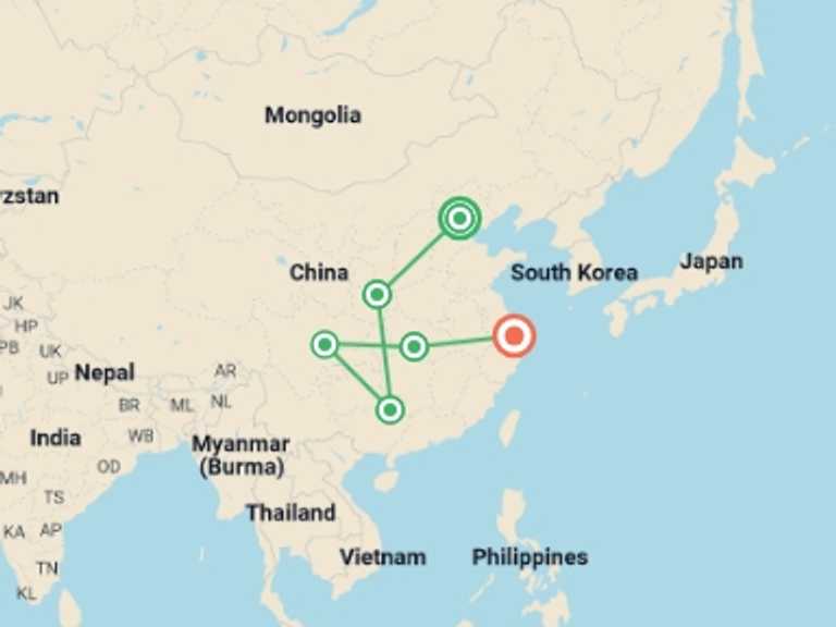 Map of Asia Tour with 6 destination visits for the trip: China Discovery & Yangtze Cruise - 15 days