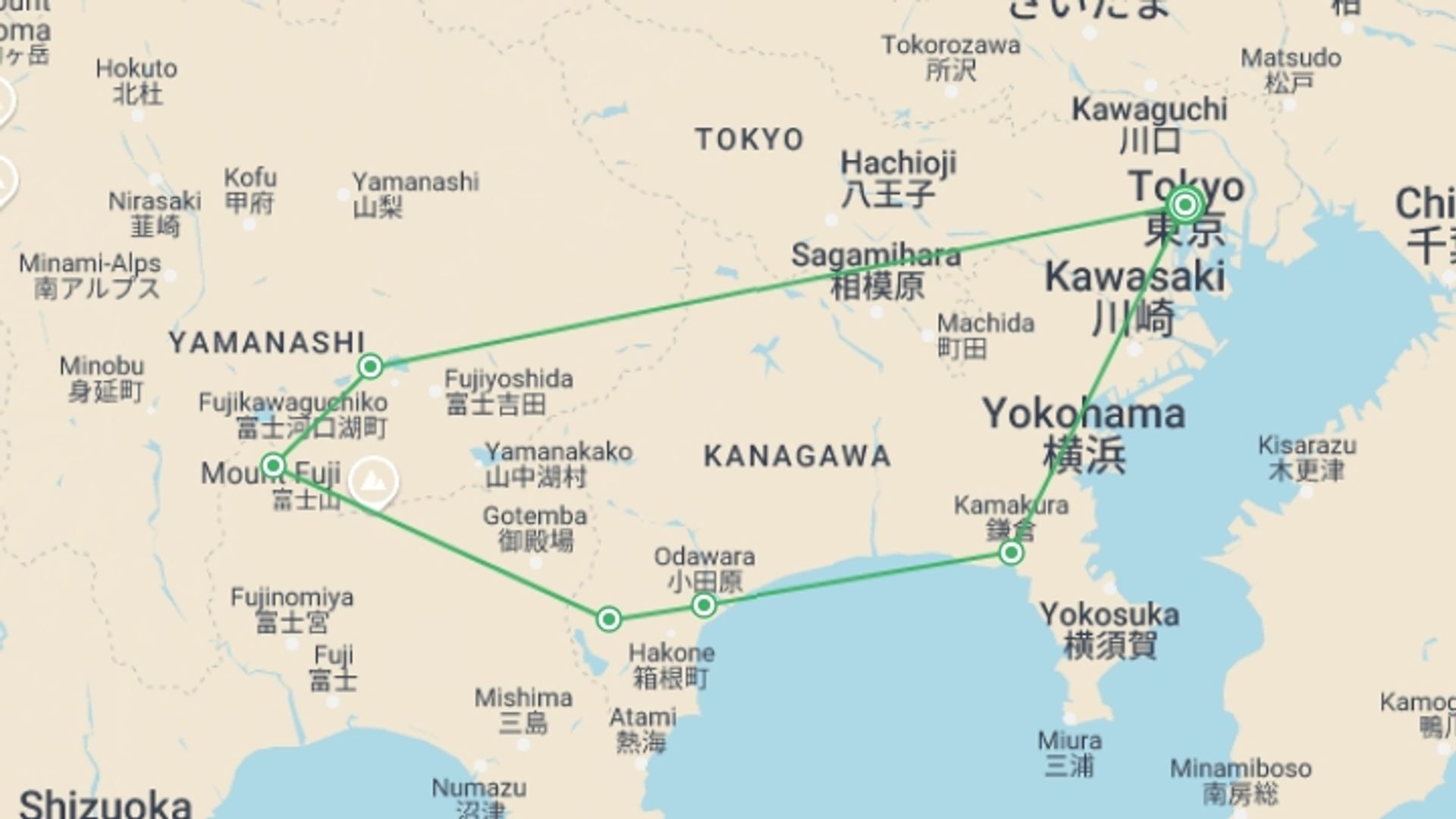 A map showing the tour itinerary for the trip: Discovering Kamakura and Mount Fuji, starting in Tokyo, Japan and ending in Tokyo, Japan going through 1 other destinations.
