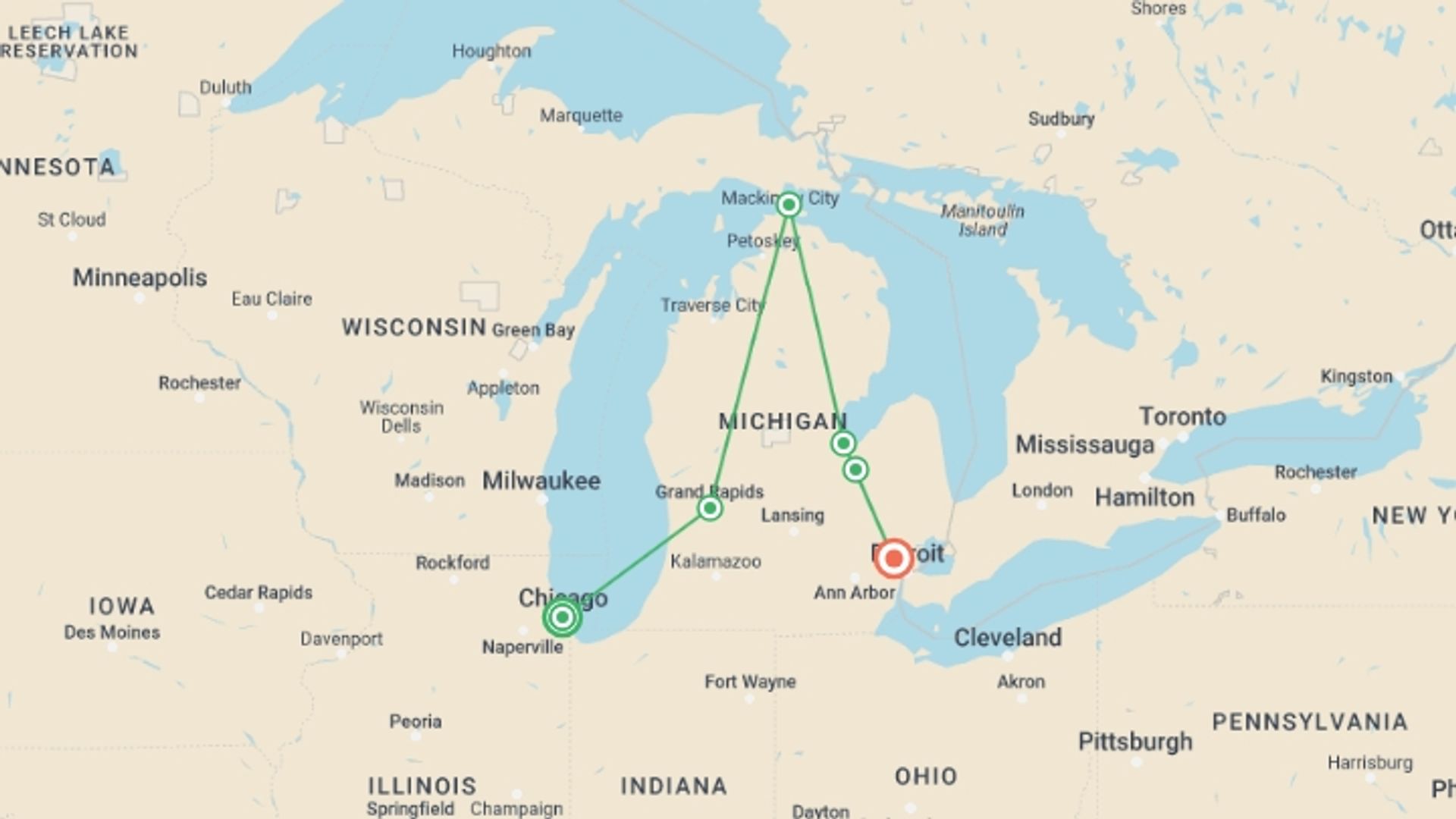A map showing the tour itinerary for the trip: Mackinac Island , starting in Chicago, USA and ending in Southfield, USA going through 0 other destinations.