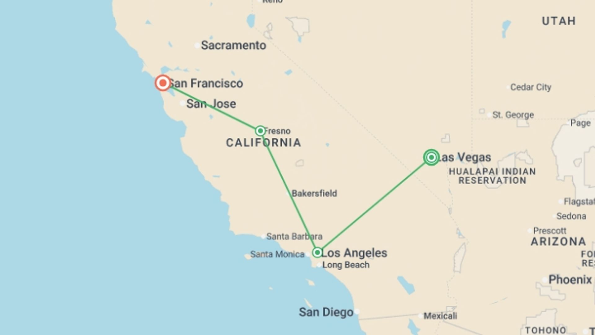 A map showing the tour itinerary for the trip: Wonderful Western Coast of America, starting in Las Vegas, USA and ending in San Francisco, USA going through 2 other destinations.