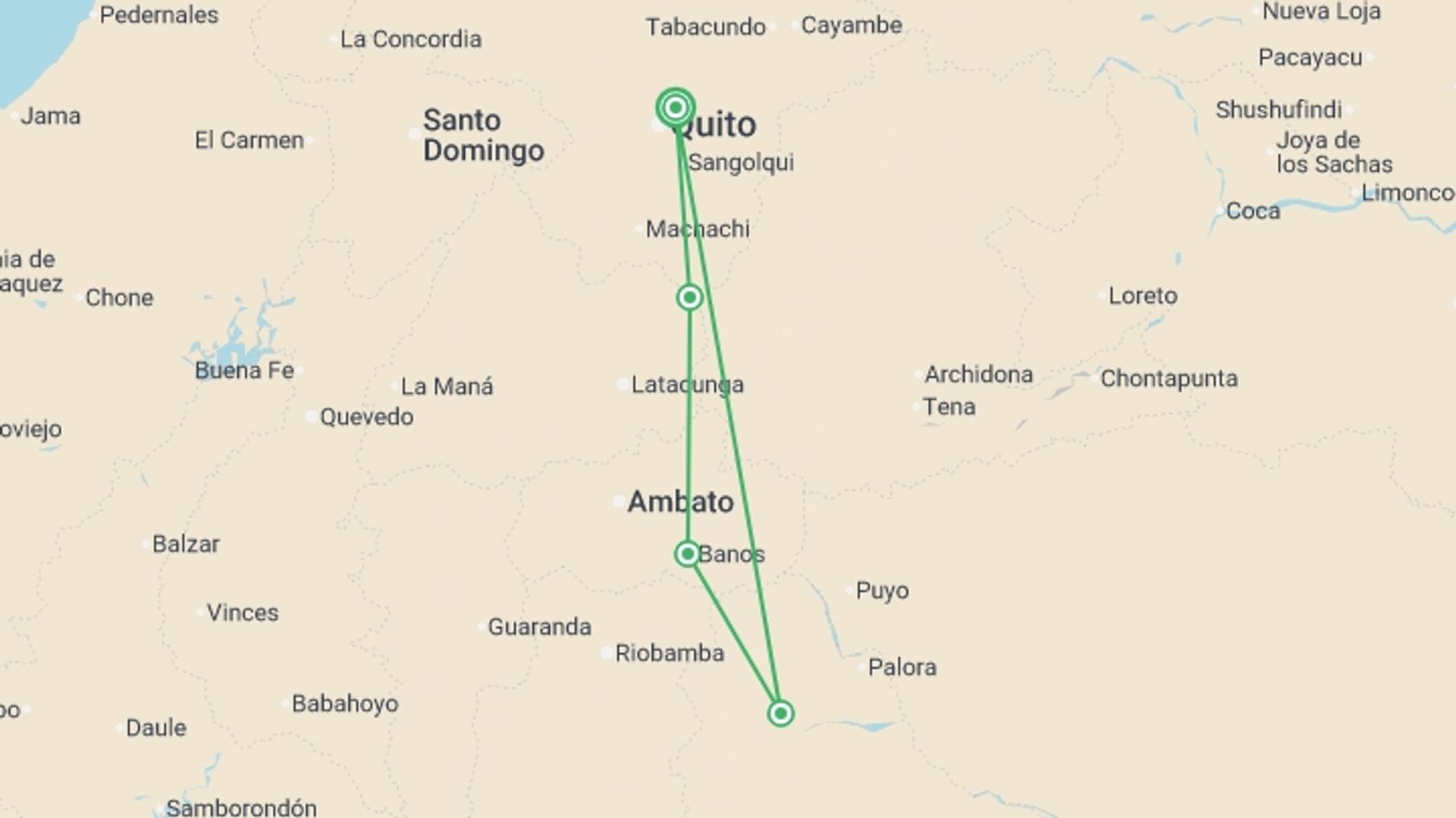 A map showing the tour itinerary for the trip: Ecuador: Cotopaxi & the Amazon Jungle, starting in Quito, Ecuador and ending in Quito, Ecuador going through 3 other destinations.