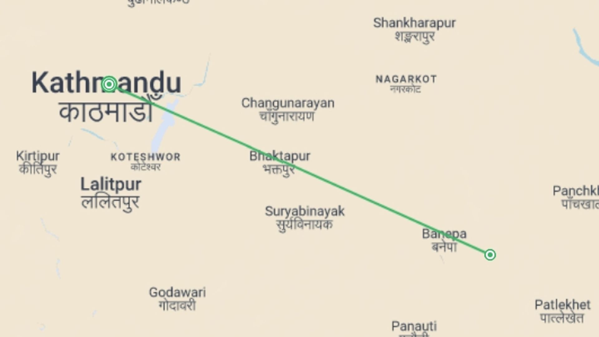 A map showing the tour itinerary for the trip: Nepal Luxury Wellness & Yoga Tour, starting in Kathmandu, Nepal and ending in Kathmandu, Nepal going through 1 other destinations.