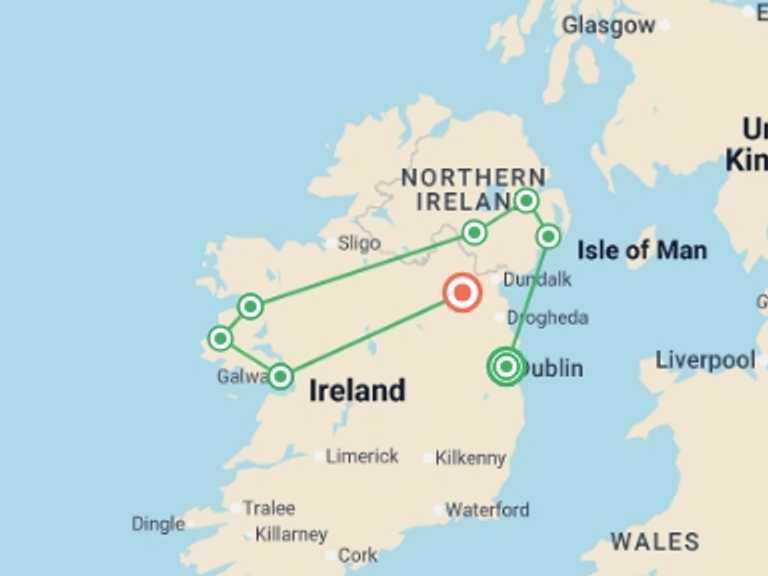Map of a Natural landmarks sightseeing Tour with 6 destination visits for the trip: Shrines of Ireland 