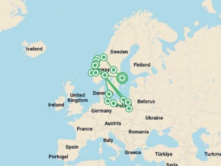 Map itinerary of Sweden Tour in August 2026 with 11 destination visits for the trip: Legendary Fjords and Northern Poland