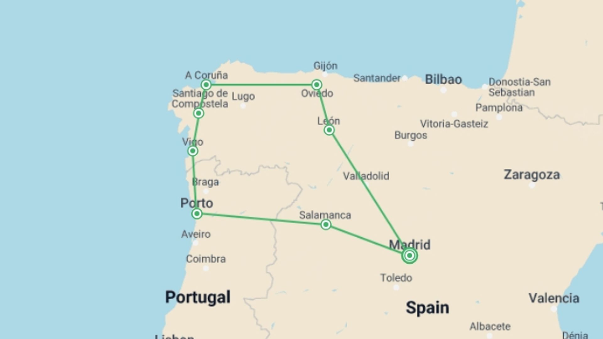 A map showing the tour itinerary for the trip: 6 Day Galicia & North Of Portugal Guided Tour From Madrid, starting in Madrid, Spain and ending in Madrid, Spain going through 4 other destinations.