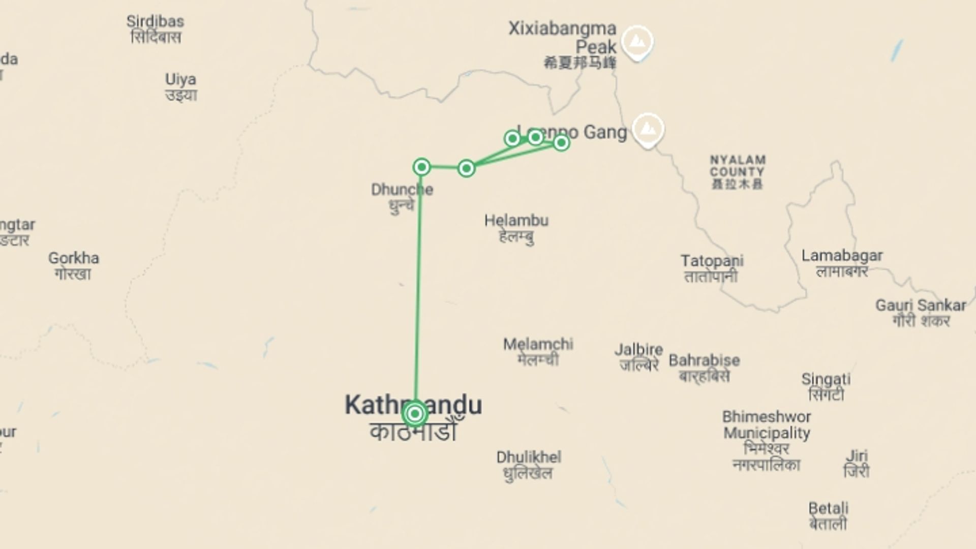 A map showing the tour itinerary for the trip: Langtang Valley Trek, starting in Kathmandu, Nepal and ending in Kathmandu, Nepal going through 6 other destinations.