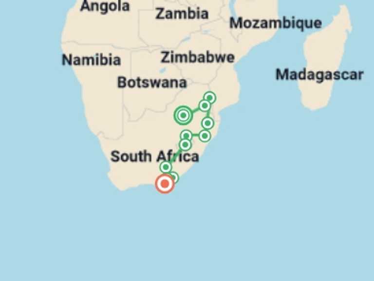 Map of South Africa Local culture Tour with 12 destination visits for the trip: Kruger to Addo, eSwatini & Lesotho'