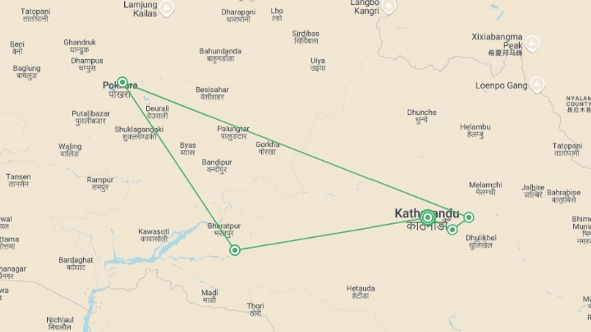 A map showing the tour itinerary for the trip: Premium Nepal Tour, starting in Kathmandu, Nepal and ending in Kathmandu, Nepal going through 4 other destinations.