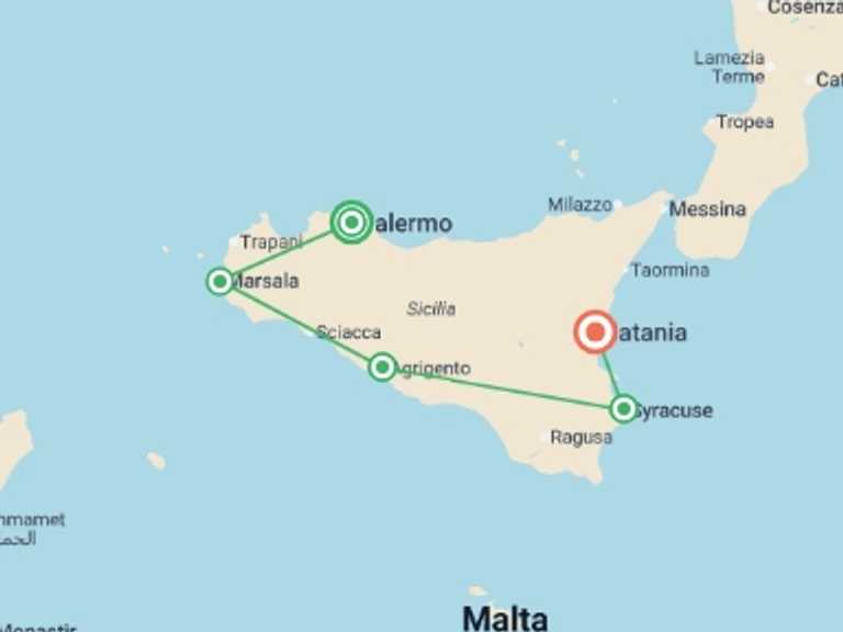 Map itinerary of Italy Tour in August 2027 with 5 destination visits for the trip: Premium Sicily