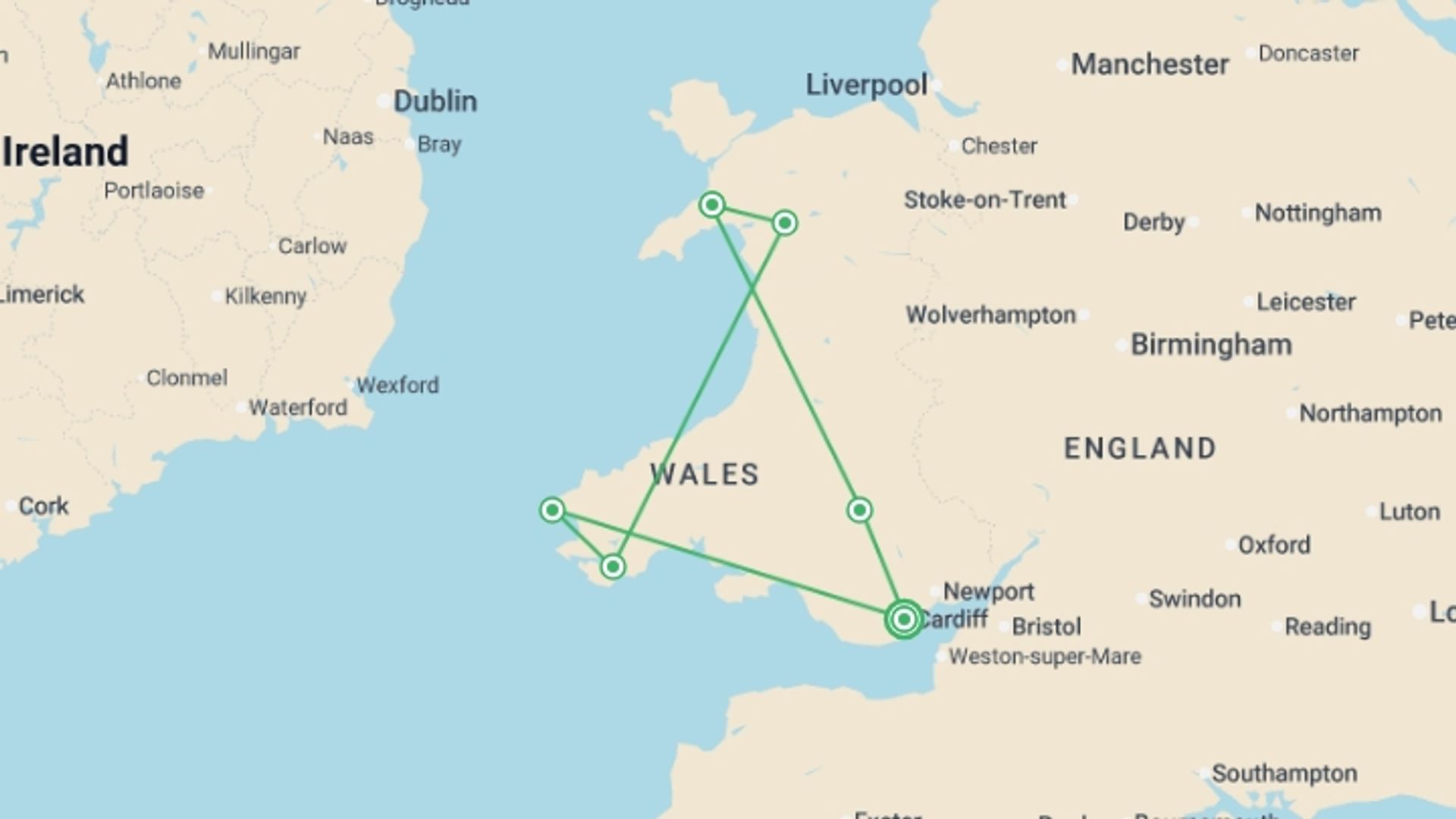 A map showing the tour itinerary for the trip: The Wonders of Wales, starting in Cardiff, Wales and ending in Cardiff, Wales going through 5 other destinations.