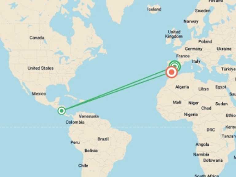 Map itinerary of Spain Tour in March 2027 with 3 destination visits for the trip: Madrid and Andalusia