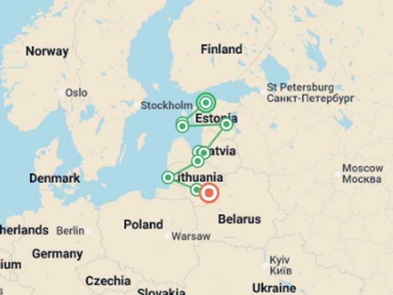 Map of Europe Cultural, religious and historic sites Tour with 10 destination visits for the trip: Historic Baltic Republics