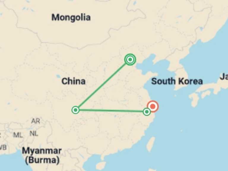 Map of China Tour with 4 destination visits for the trip: Culinary China Adventure (4-5 Star) - 10 days