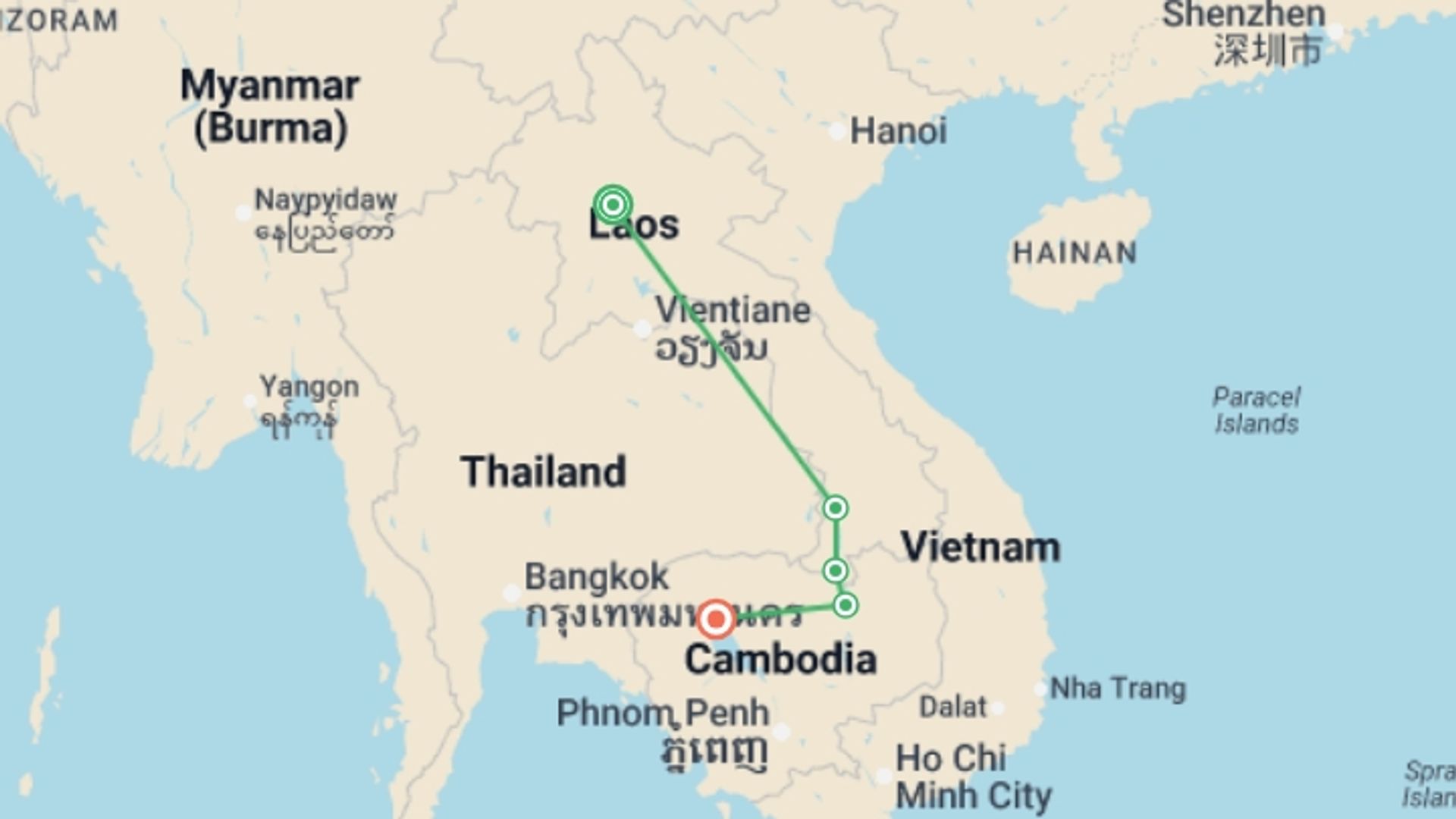 A map showing the tour itinerary for the trip: Bike, Hike & Kayak Laos and Cambodia, starting in Luang Prabang, Laos and ending in Siem Reap, Cambodia going through 4 other destinations.