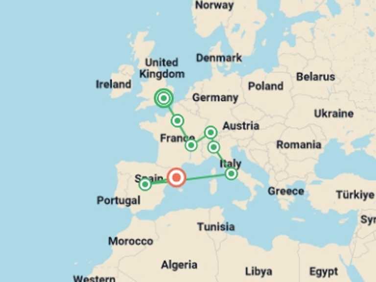 Map itinerary of London Tour in September 2025 with 8 destination visits for the trip: Spectacular Europe with Barcelona