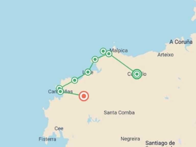 Map itinerary of Spain Tour in August 2026 with 6 destination visits for the trip: Camino dos Faros: The Lighthouse Way