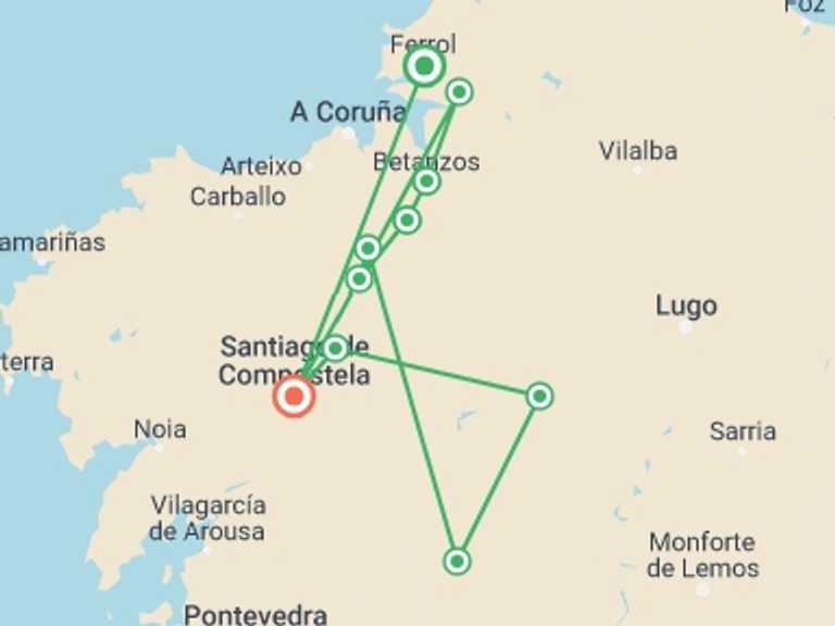 Map of Spain Winter adventure Tour with 6 destination visits for the trip: Camino Ingles: The English Way to Santiago de Compostela