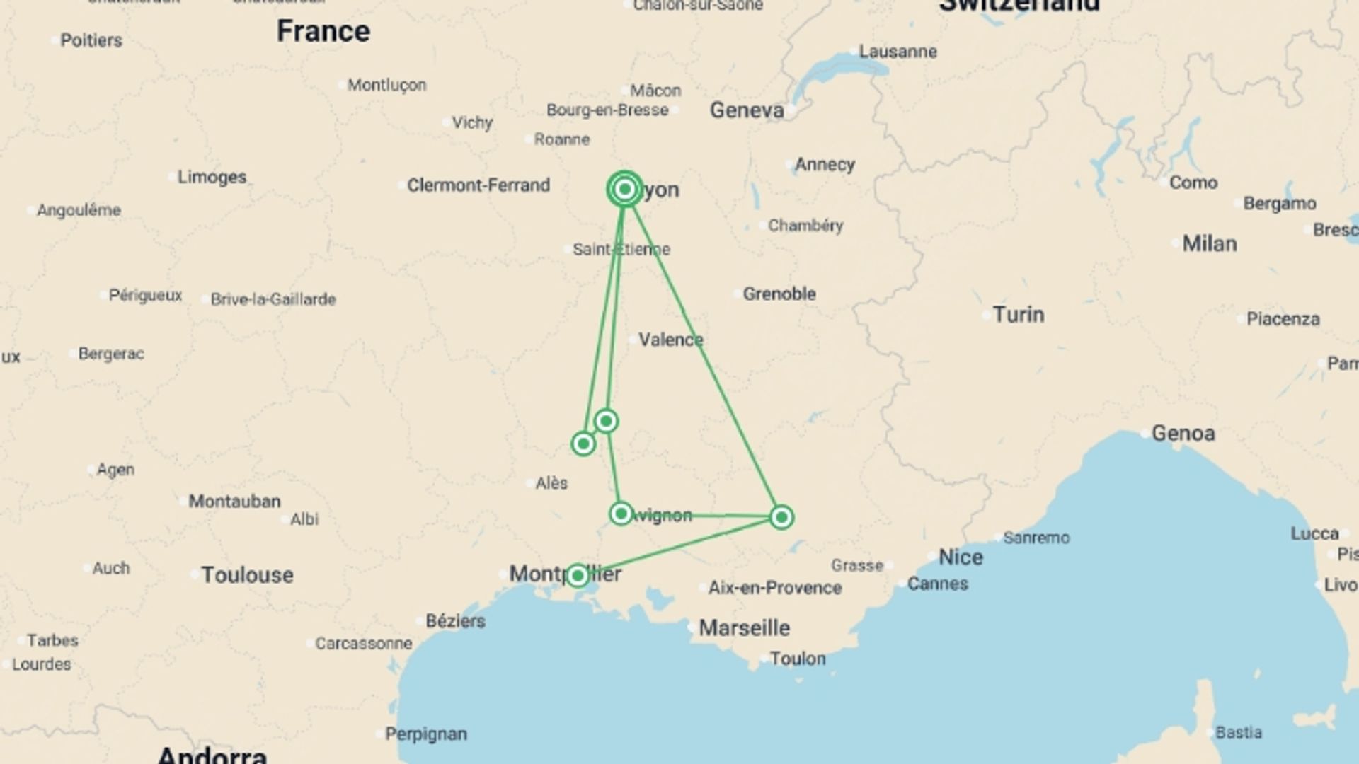 A map showing the tour itinerary for the trip: All the must-see sites on the Rhône between Lyon, Provence, and the Camargue with a dinner at Paul Bocuse's Abbaye de Collonges Restaurant OFFERED (port-to-port cruise), starting in Lyon, France and ending in Lyon, France going through 3 other destinations.