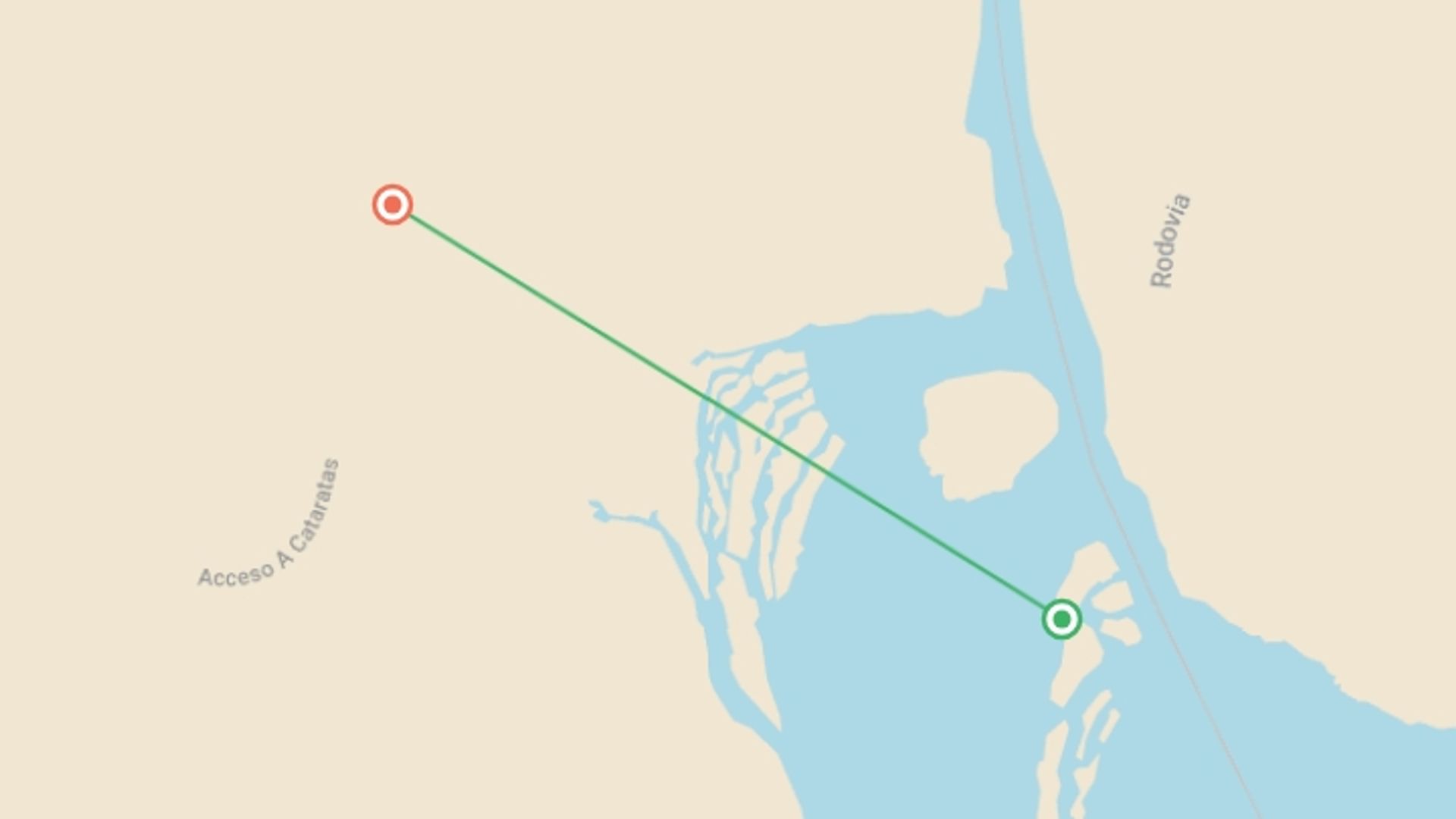A map showing the tour itinerary for the trip: Adventure in Iguazu - 2 nights, starting in Iguazu Falls, Brazil and ending in Iguazu Falls, Argentina going through 0 other destinations.