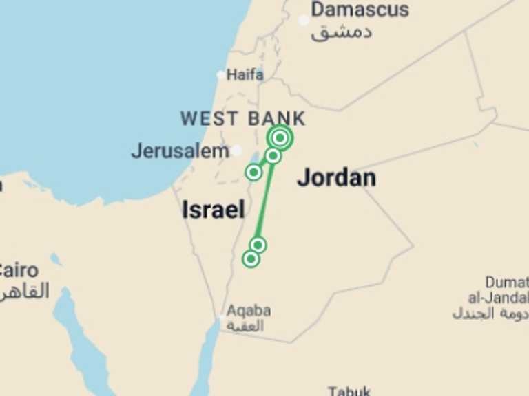 Map itinerary of Jordan Tour in September 2025 with 3 destination visits for the trip: Petra & The Dead Sea 5 star - 4 days